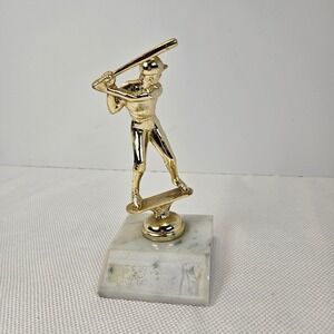 Vintage Baseball Batter Trophy Gold Tone Figure on White Marble Base